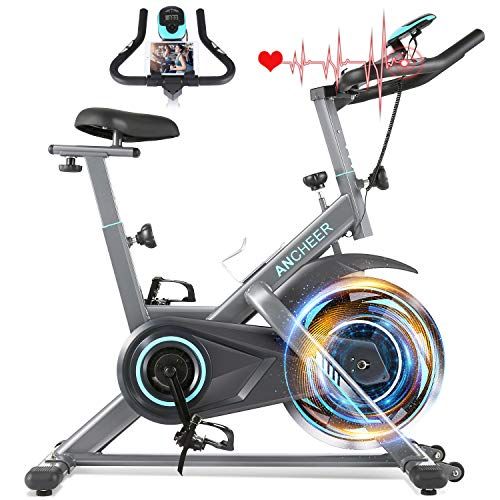 Bicicleta estática ANCHEER, bicicleta de fitness para ciclismo en interiores 49LBS con monitor de frecuencia cardíaca y monitor LCD, cómodos cojines de asiento, pesados ​​...