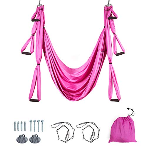 COSTWAY Hamaca aérea para yoga, columpio para yoga, juego de hamaca voladora, toalla para yoga con accesorios de montaje (rosa)